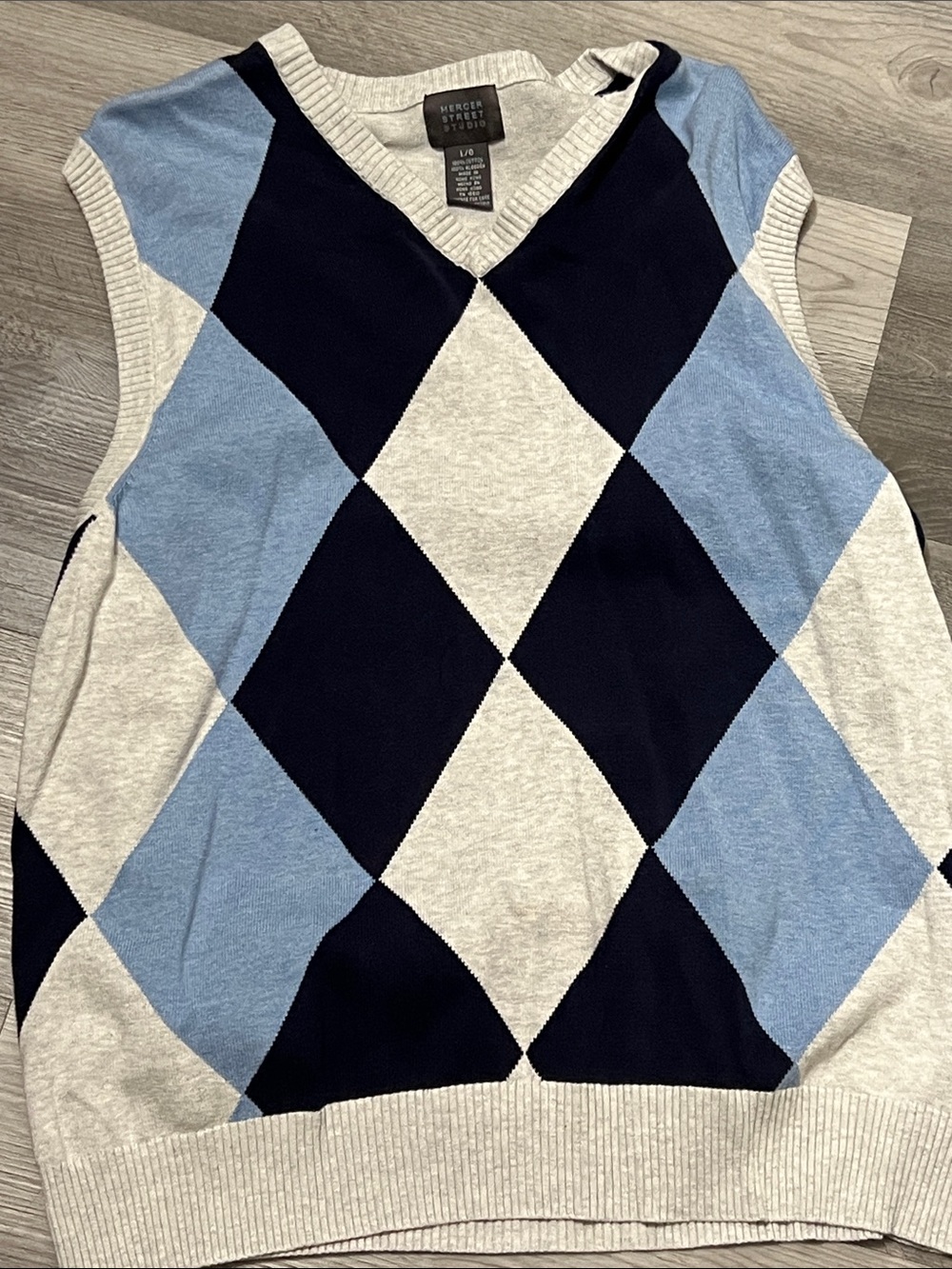 Mercer Street Studio Light Blue, Navy & Cream Argyle V-Neck Sweater Vest